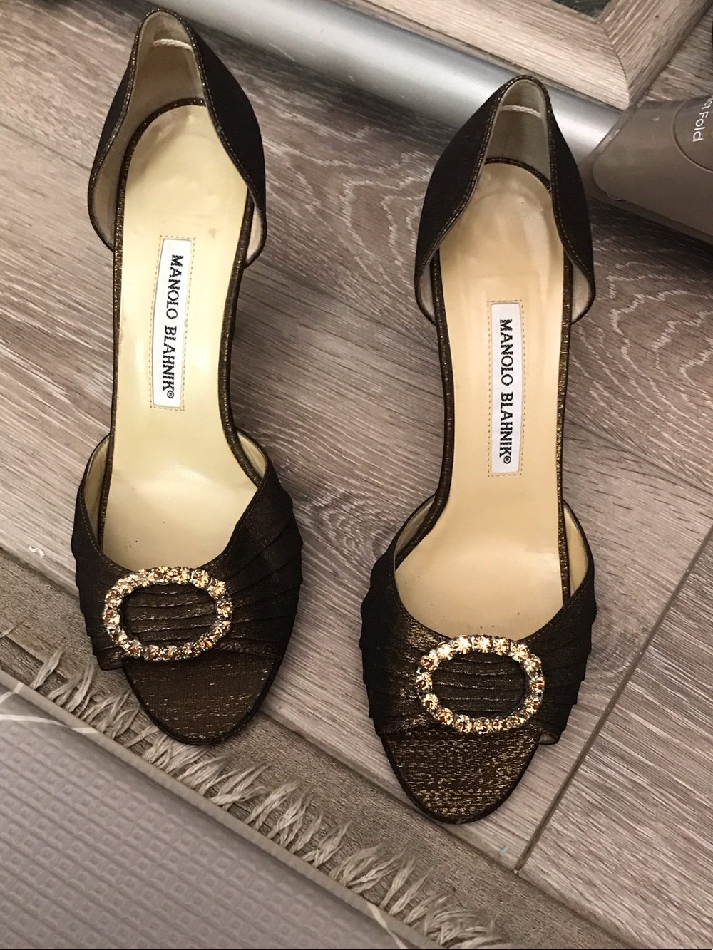 Manolo Blahnik Brown Satin D'Orsay Pumps with Crystal Buckle